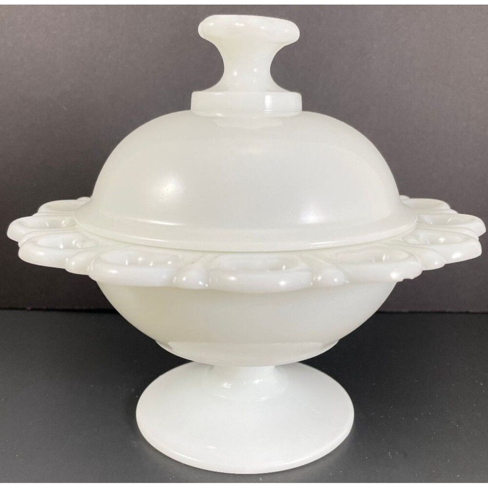 Milk Glass Compote w/ Lid Anchor Hocking Open Lace Candy Dish White Vintage 6.5"